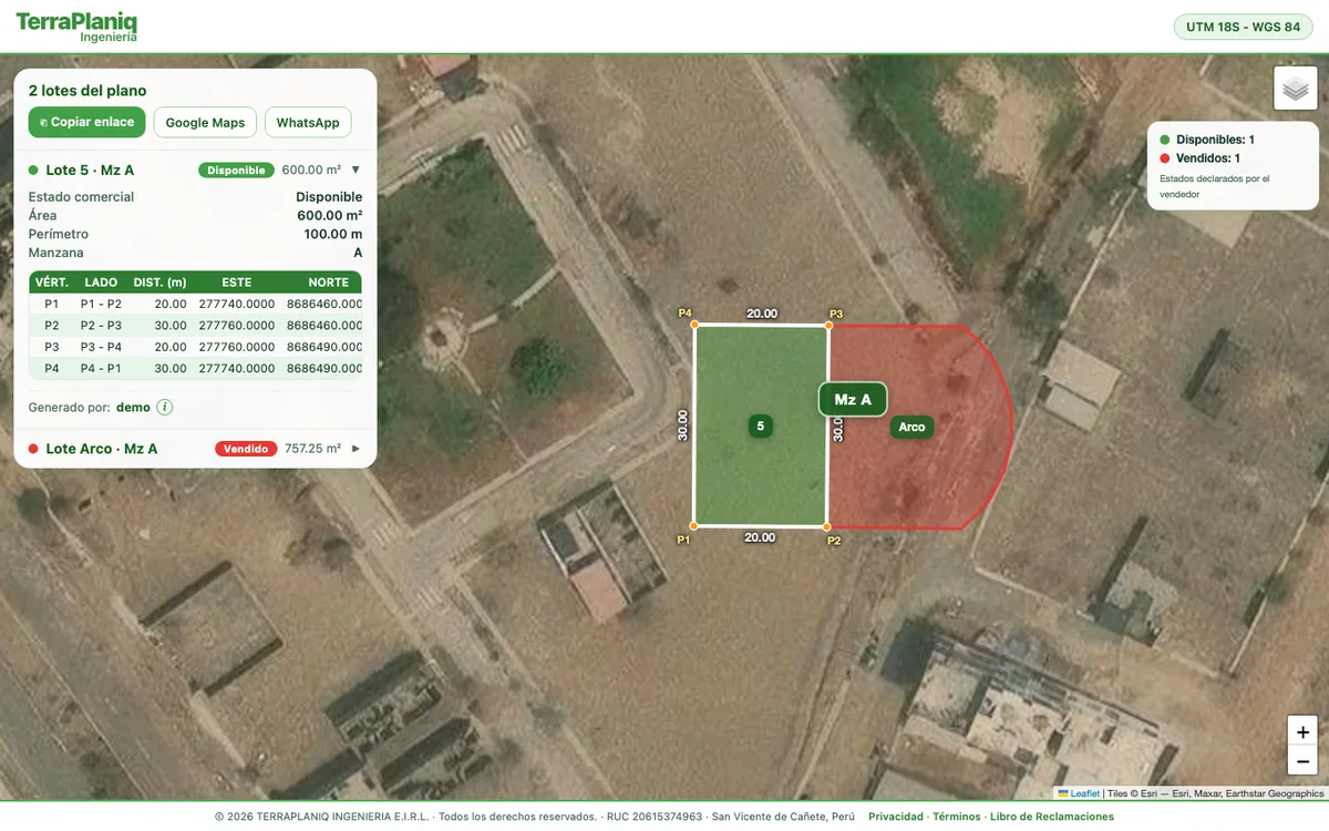 Geovisor TerraPlaniq mostrando lotes con condición de venta sobre imagen satelital